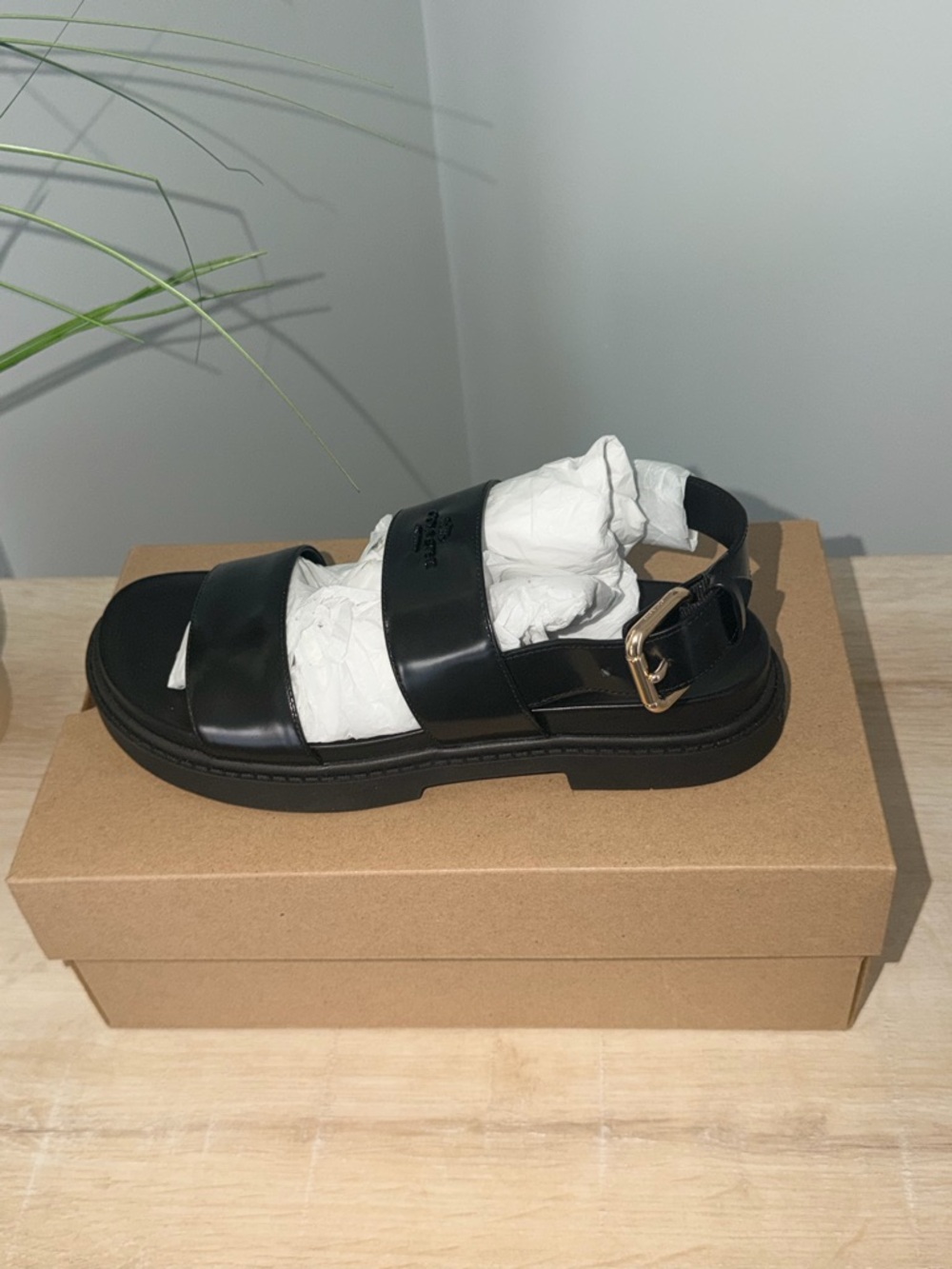 Coach (AUTHENTIC) Black Leather Buckle Strap Sandal with Gold Hardware